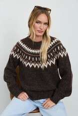 Miss Bliss Blu Fair Isle Yoke Crew Nck Knit Pullover Swtr-Brown