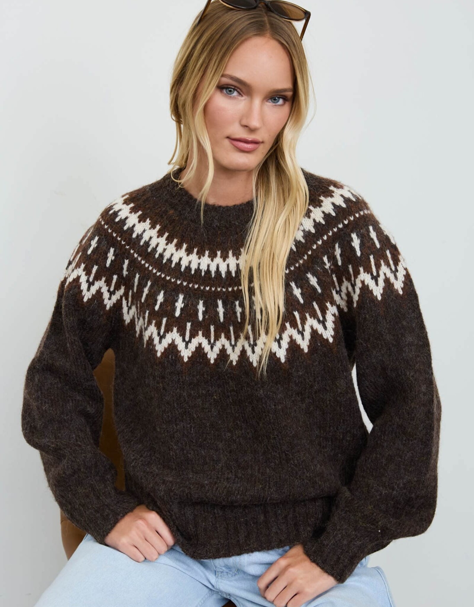 Miss Bliss Blu Fair Isle Yoke Crew Nck Knit Pullover Swtr-Brown