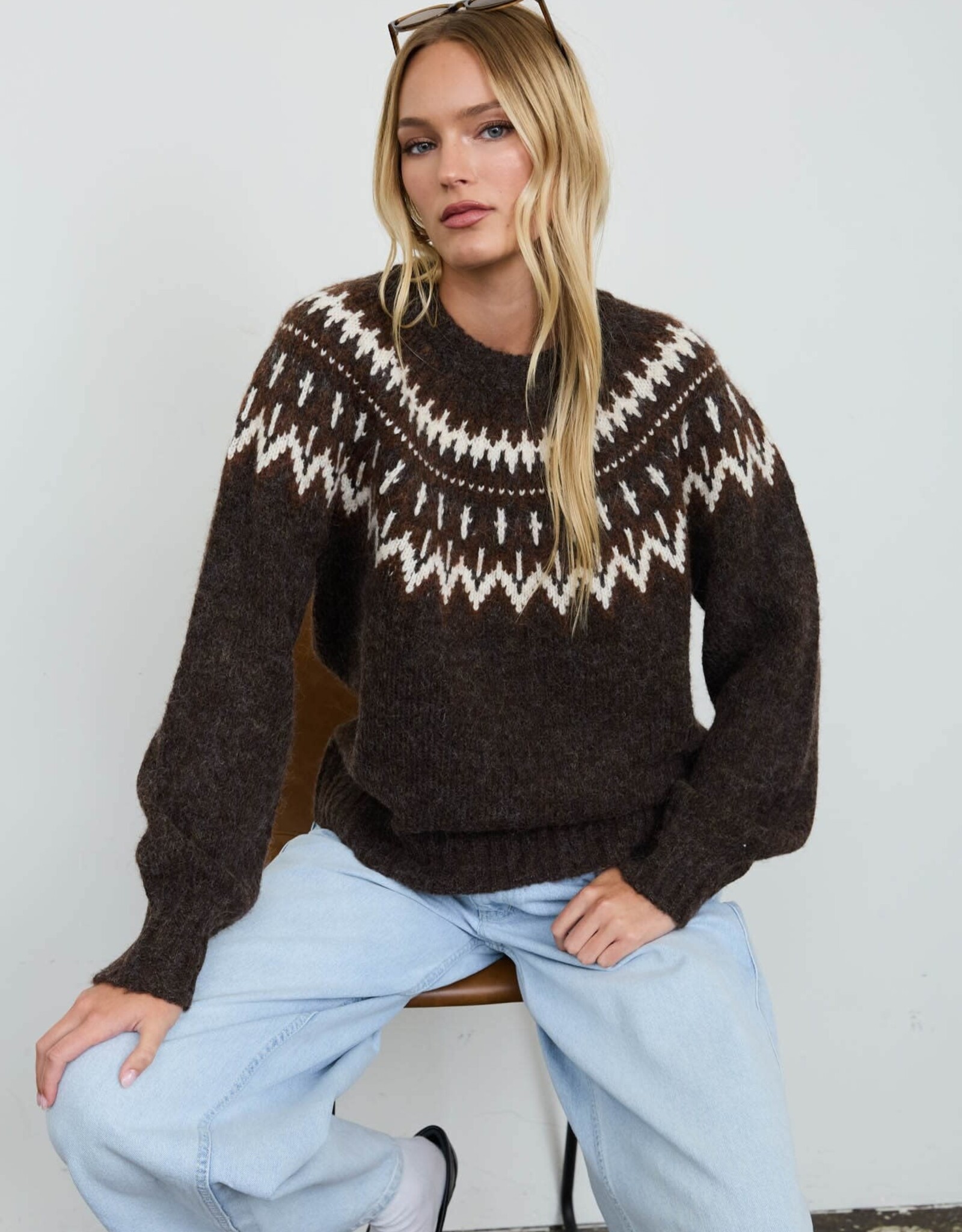 Miss Bliss Blu Fair Isle Yoke Crew Nck Knit Pullover Swtr-Brown
