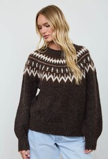 Miss Bliss Blu Fair Isle Yoke Crew Nck Knit Pullover Swtr-Brown