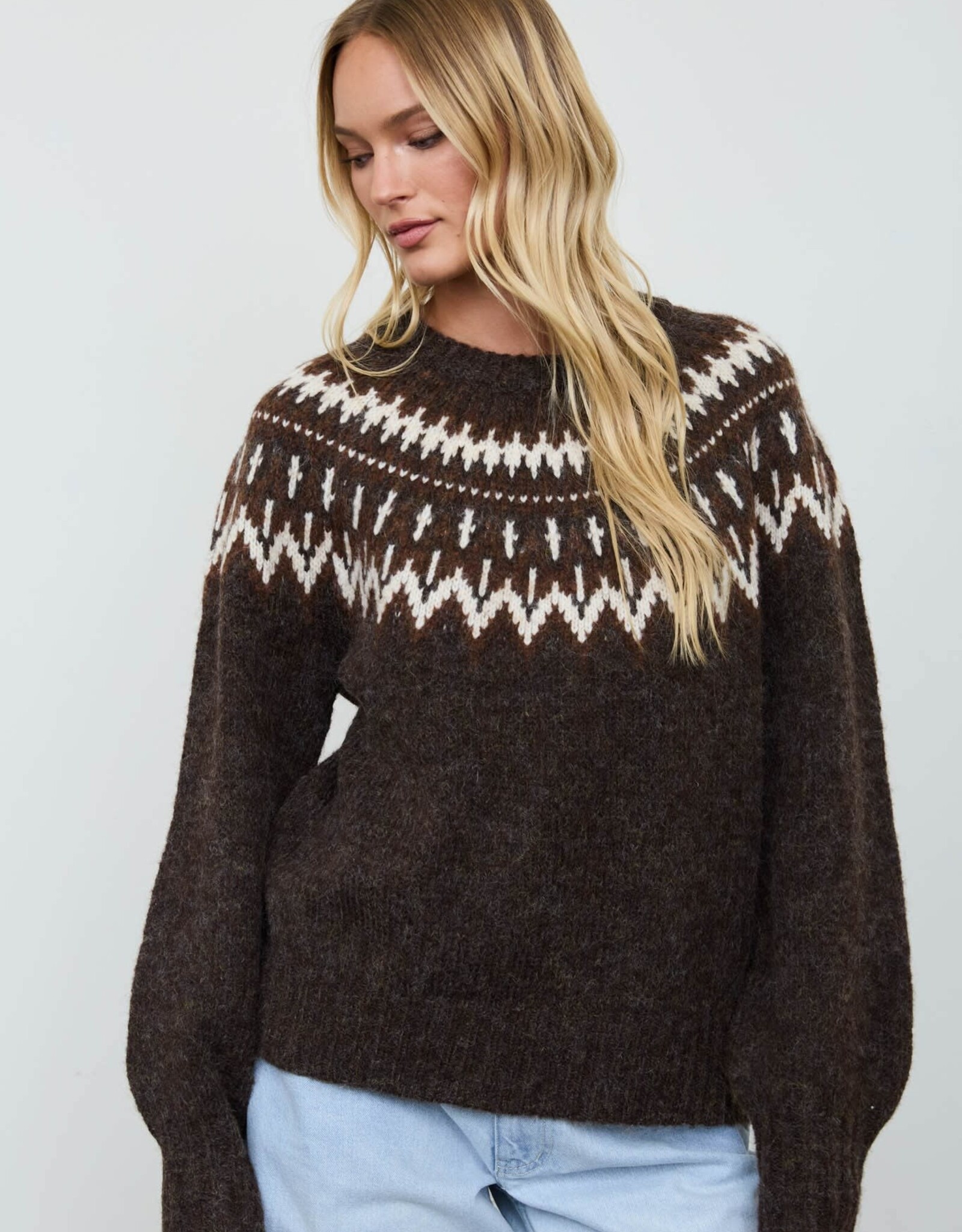 Miss Bliss Blu Fair Isle Yoke Crew Nck Knit Pullover Swtr-Brown