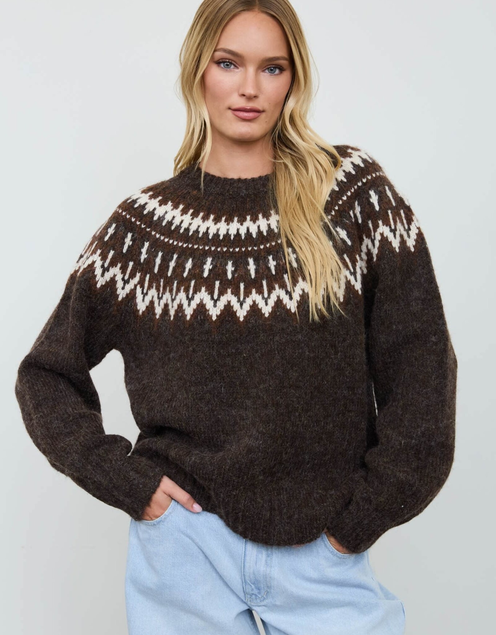Miss Bliss Blu Fair Isle Yoke Crew Nck Knit Pullover Swtr-Brown