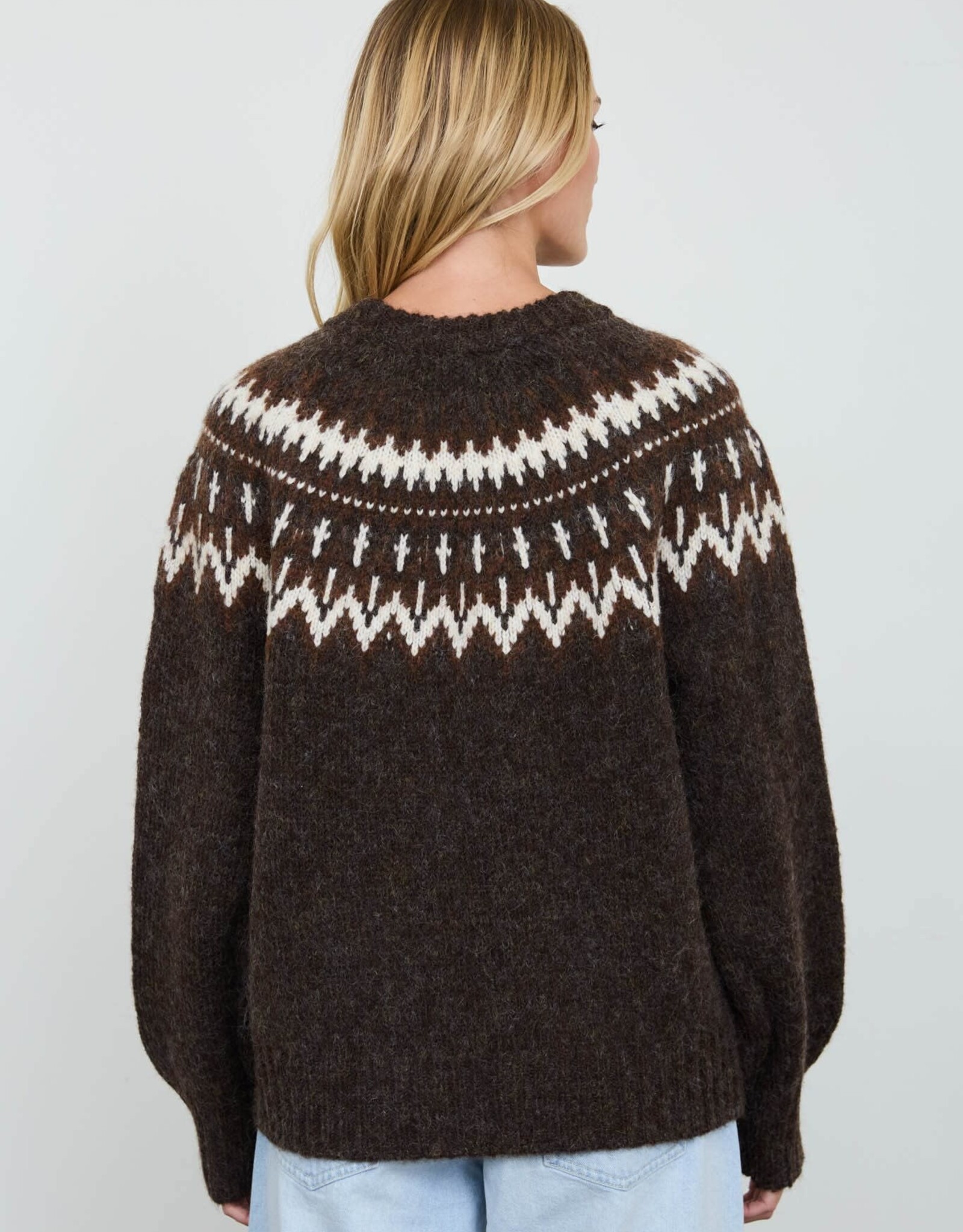 Miss Bliss Blu Fair Isle Yoke Crew Nck Knit Pullover Swtr-Brown