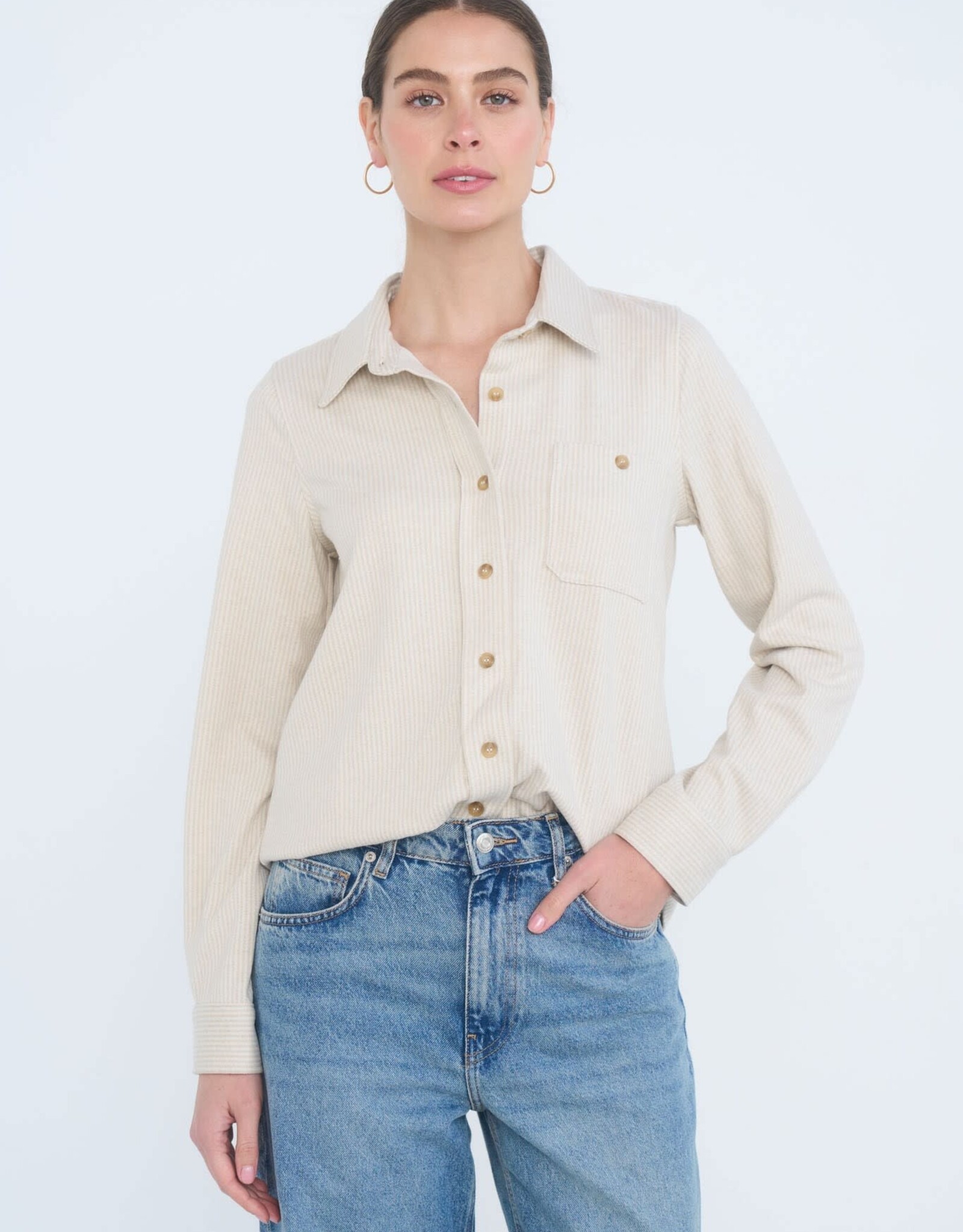 Miss Bliss Blu Vert Ribbed Collared Button Down Shirt-Oatmeal