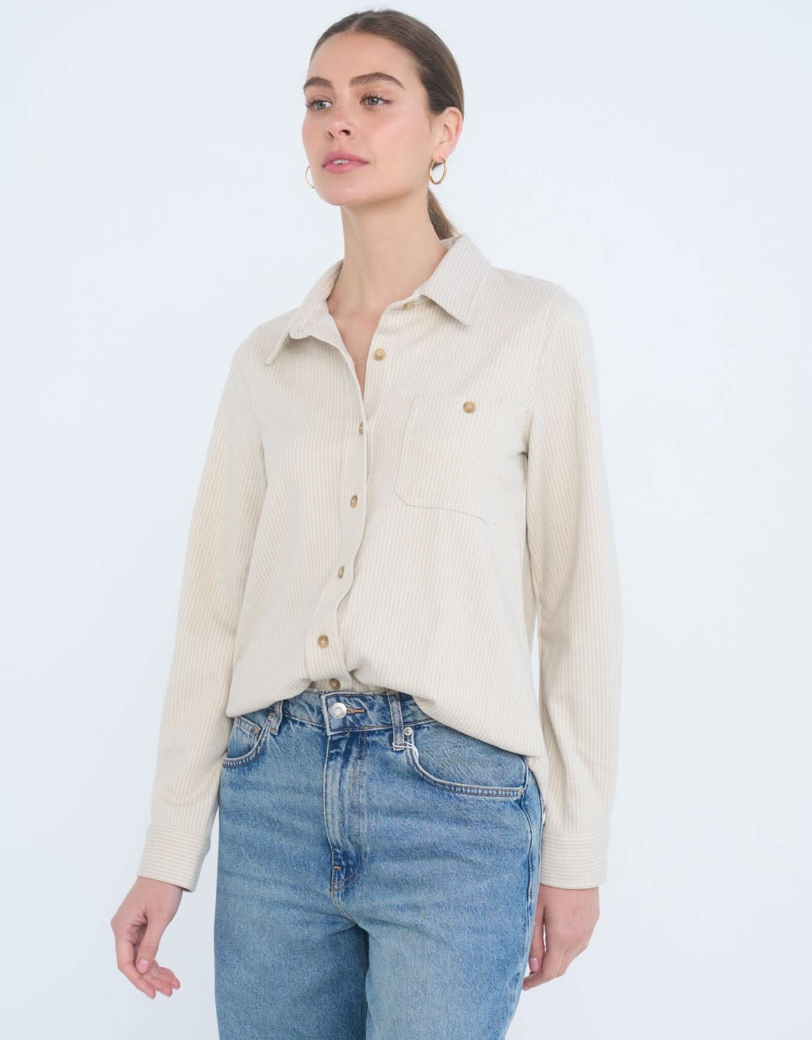 Miss Bliss Blu Vert Ribbed Collared Button Down Shirt-Oatmeal