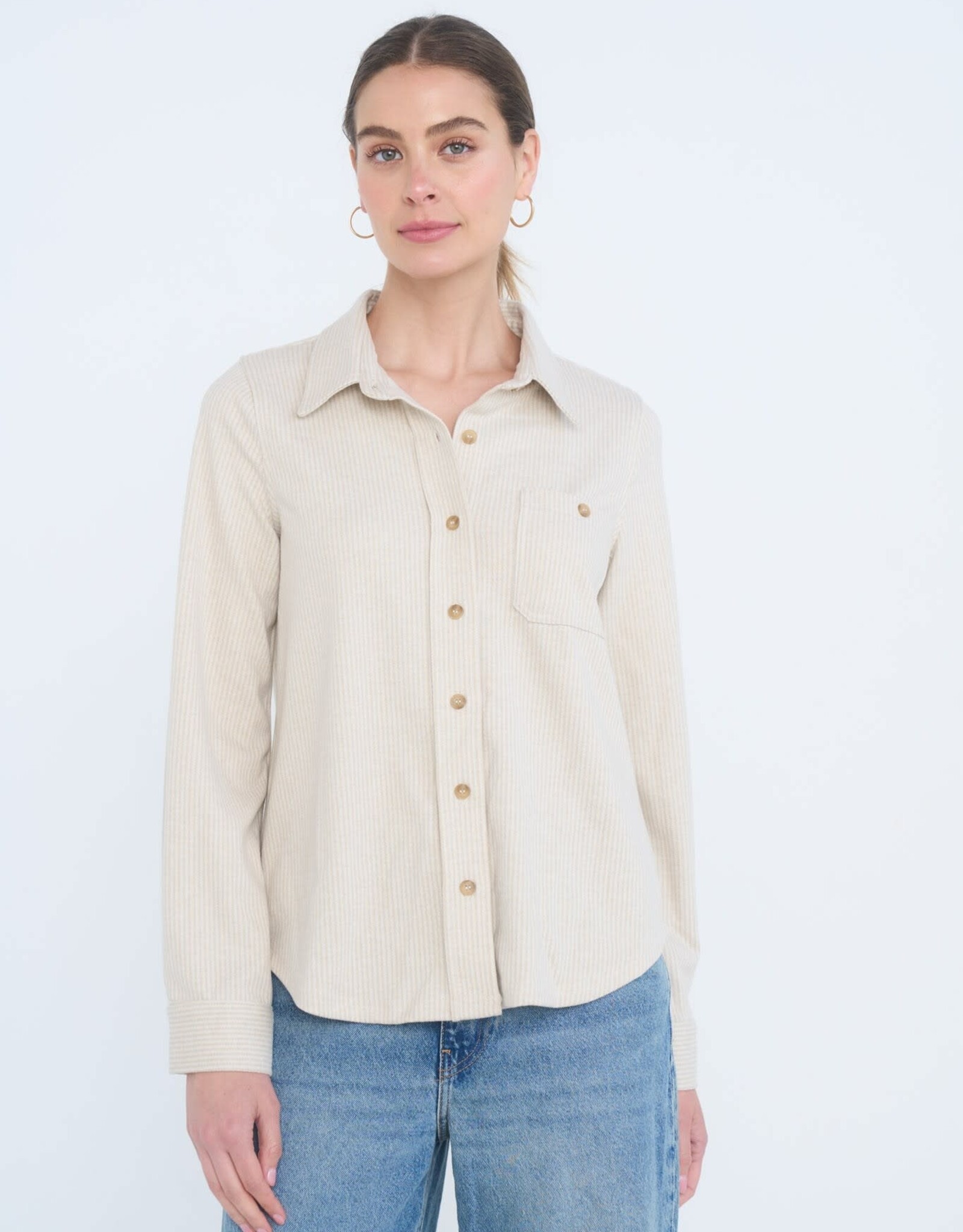 Miss Bliss Blu Vert Ribbed Collared Button Down Shirt-Oatmeal