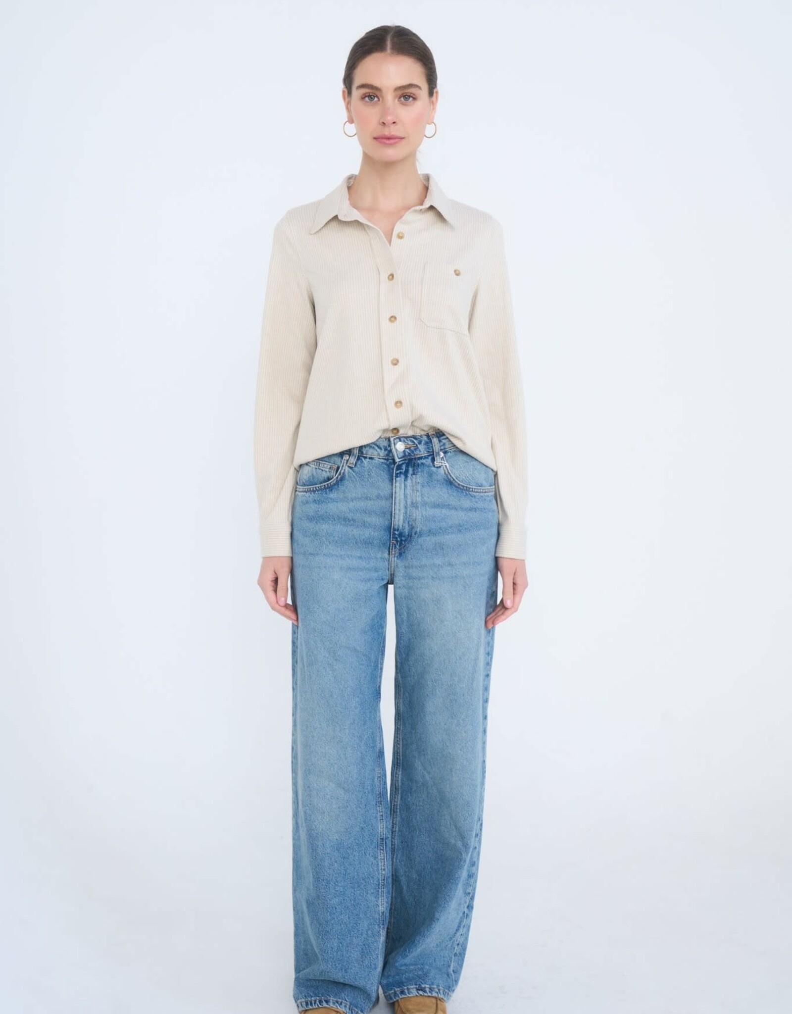 Miss Bliss Blu Vert Ribbed Collared Button Down Shirt-Oatmeal