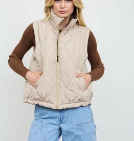 Miss Bliss Plaid Collared Quilted Zip Up Vest- Khaki