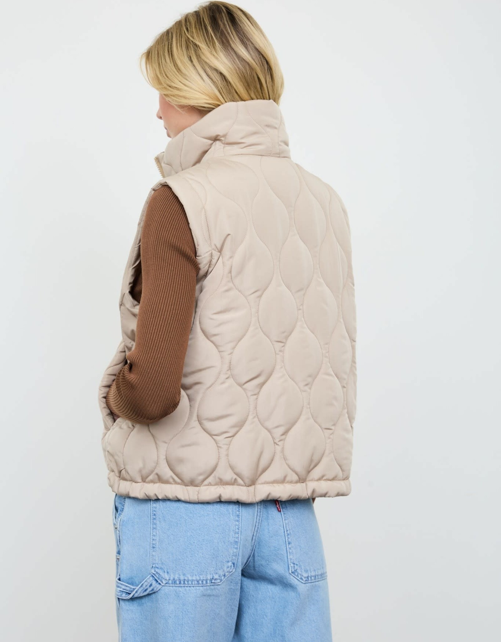Miss Bliss Blu Plaid Collar Quilted Zip-up Vest- Khaki