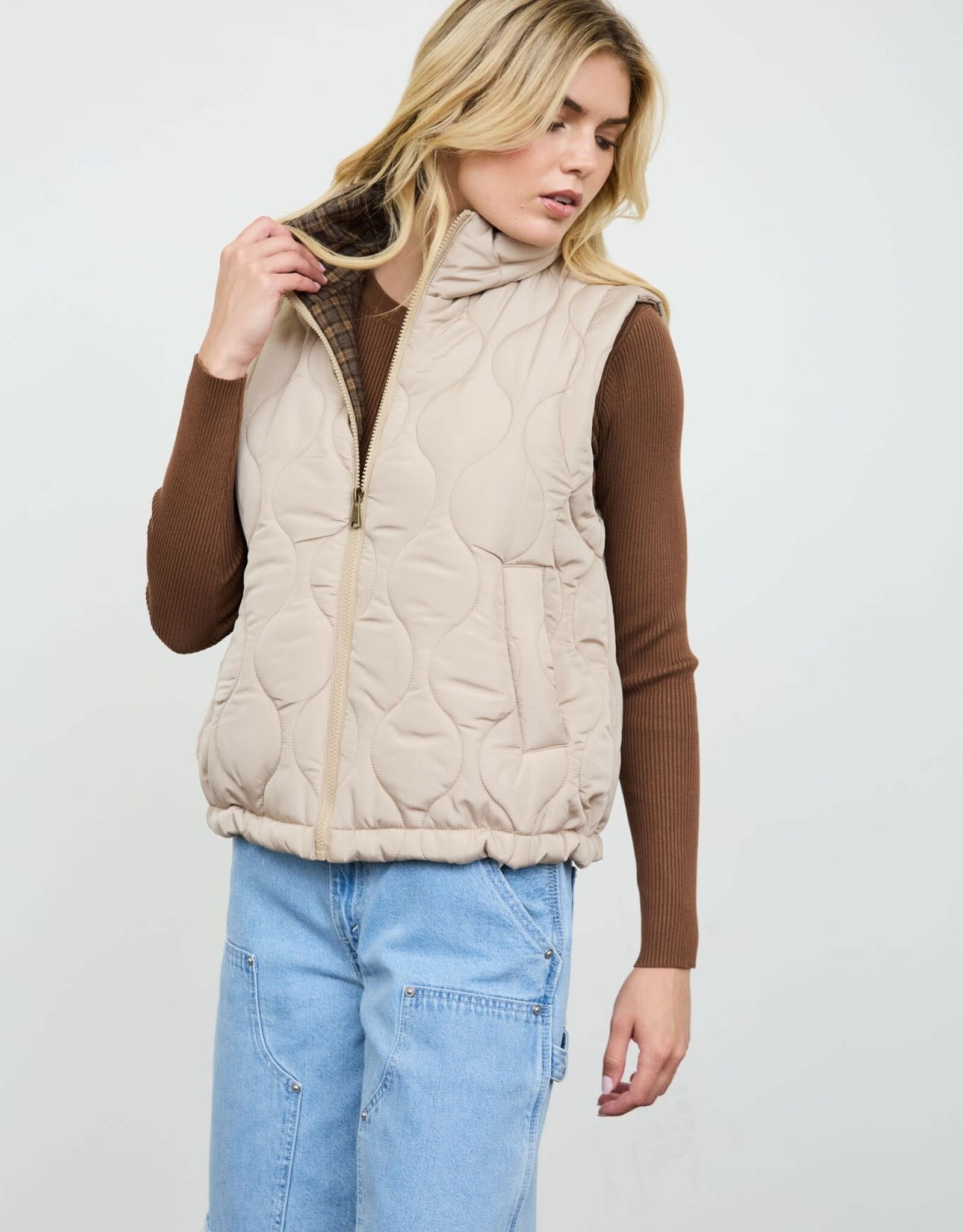 Miss Bliss Blu Plaid Collar Quilted Zip-up Vest- Khaki