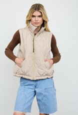 Miss Bliss Blu Plaid Collar Quilted Zip-up Vest- Khaki