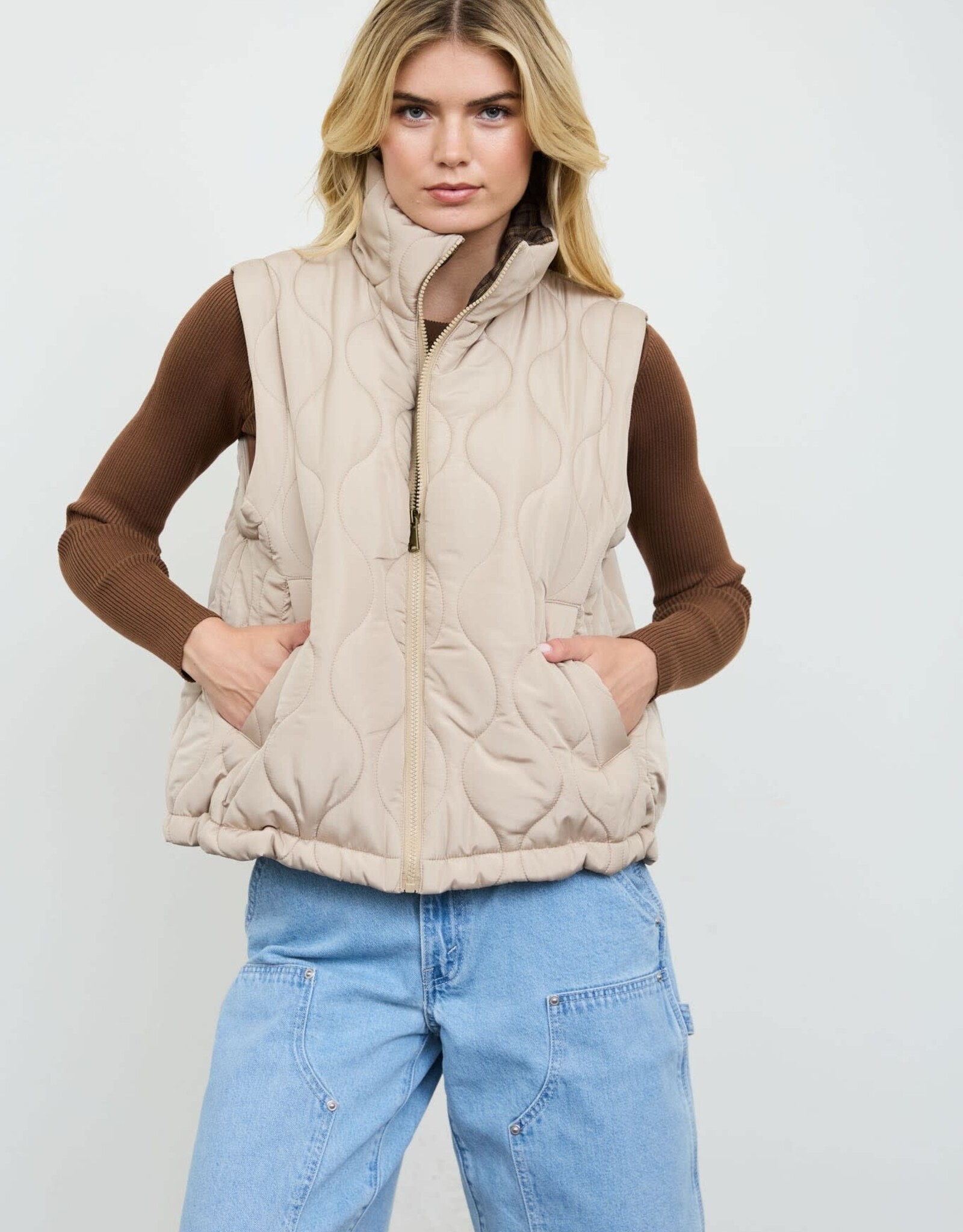 Miss Bliss Blu Plaid Collar Quilted Zip-up Vest- Khaki