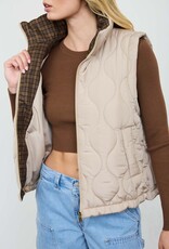 Miss Bliss Blu Plaid Collar Quilted Zip-up Vest- Khaki