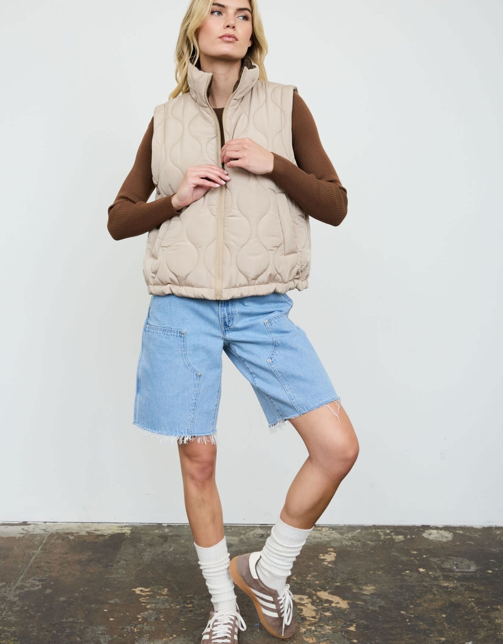 Miss Bliss Blu Plaid Collar Quilted Zip-up Vest- Khaki