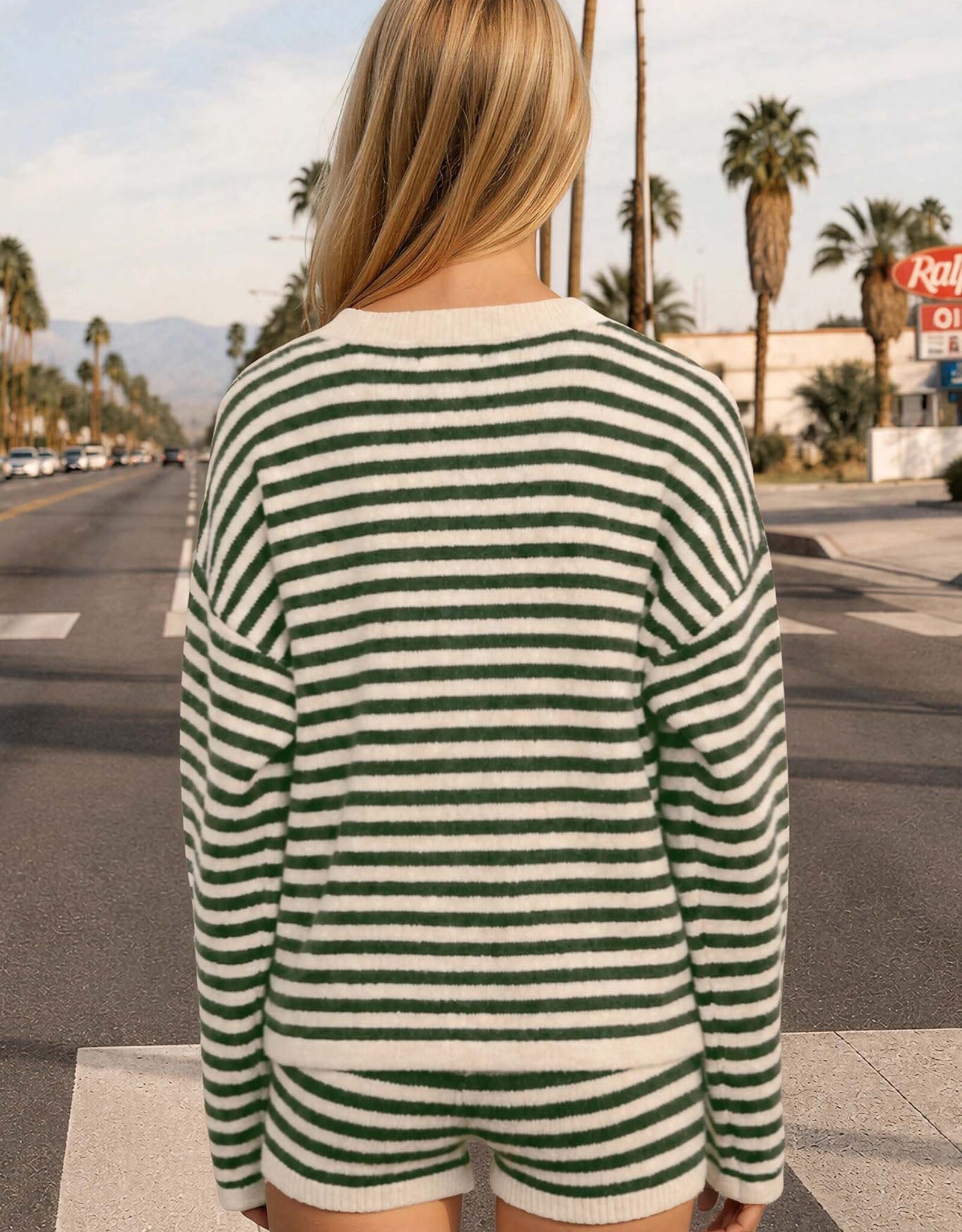 Miss Bliss Blu Striped Button Down Contrast Cardigan- Hunter Green