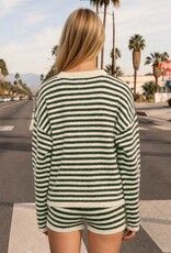 Miss Bliss Blu Striped Button Down Contrast Cardigan- Hunter Green