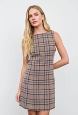 Miss Bliss Blu Plaid Flannel Sleeveless Mini Dress-Mocha Multi