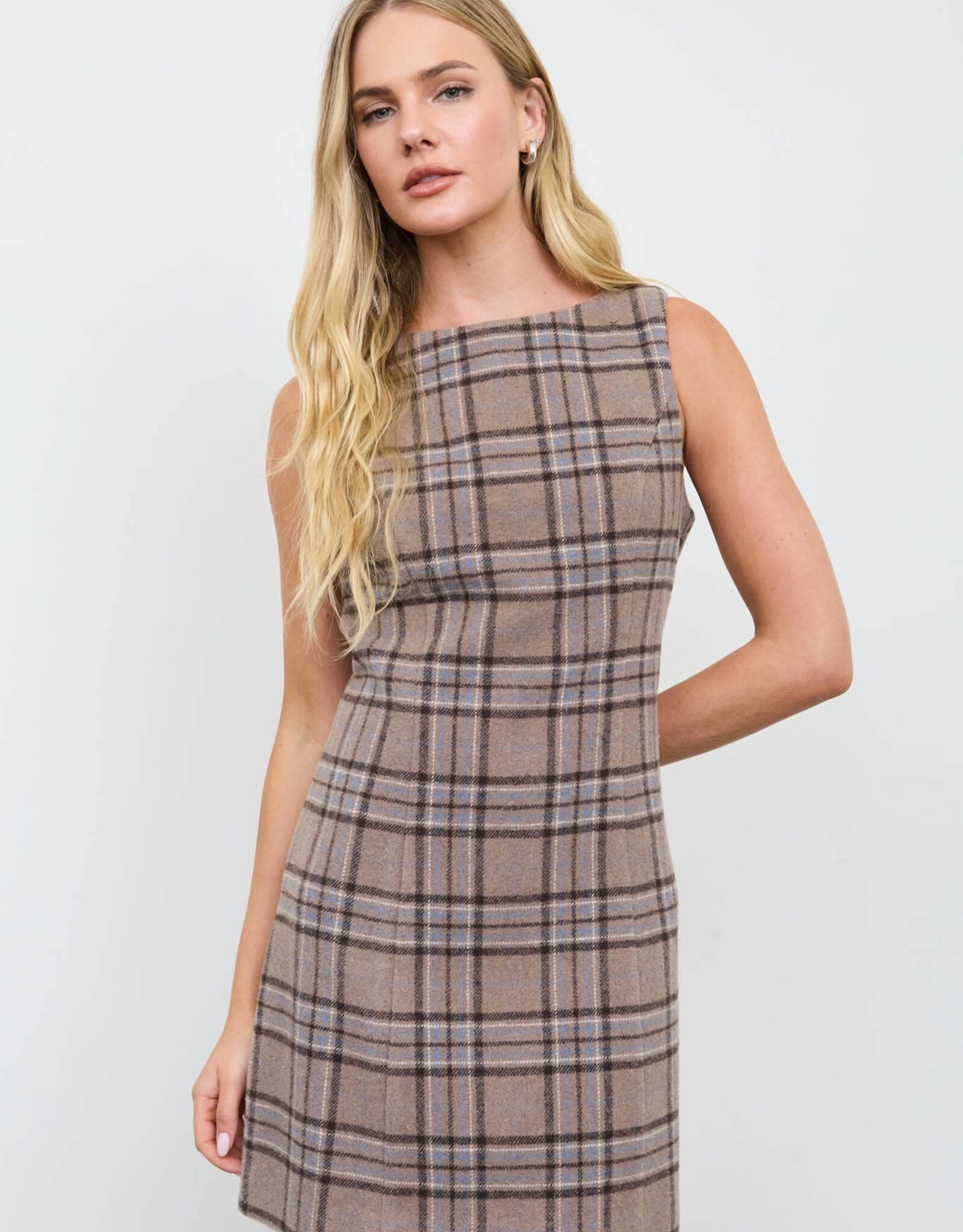 Miss Bliss Blu Plaid Flannel Sleeveless Mini Dress-Mocha Multi