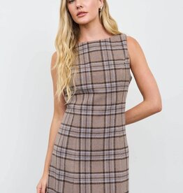 Miss Bliss Boat Neck Plaid Flannel Mini Dress-Mocha