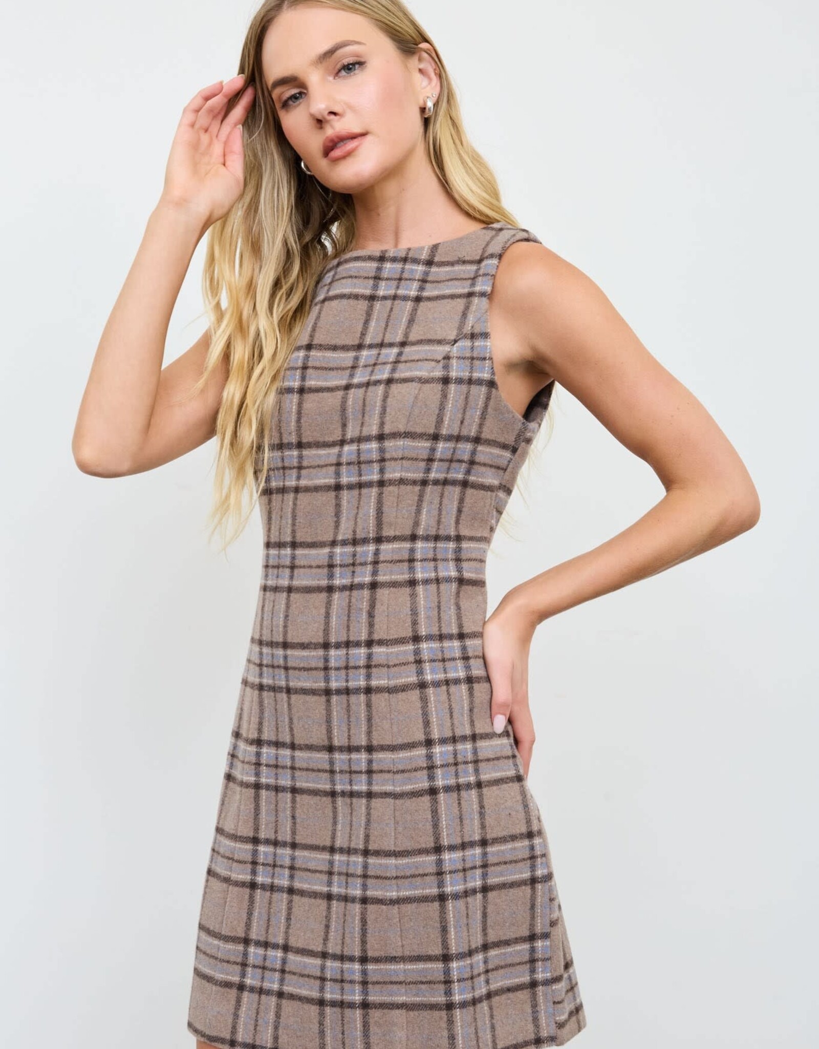 Miss Bliss Blu Plaid Flannel Sleeveless Mini Dress-Mocha Multi