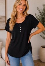 Miss Bliss Ribbed Button Detail SS Top- Black