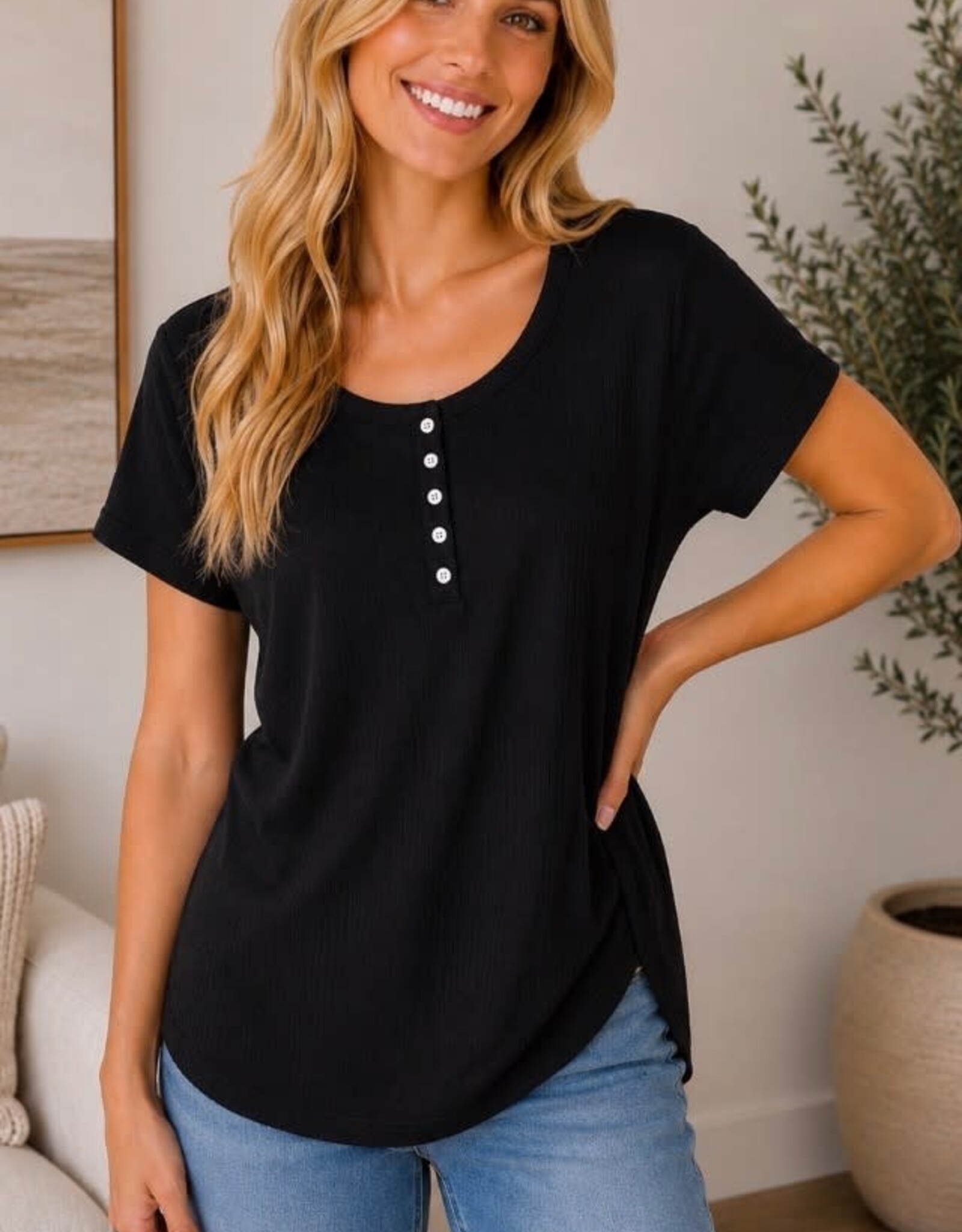 Miss Bliss Ribbed Button Detail SS Top- Black