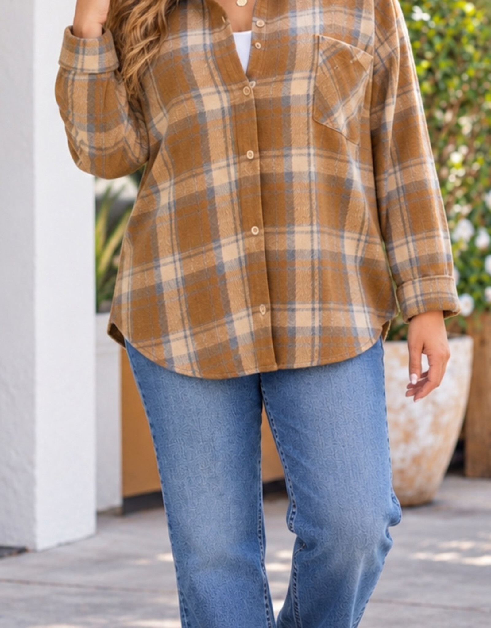Miss Bliss CC LS Button Dwn Plaid Shirt- Brown Multi