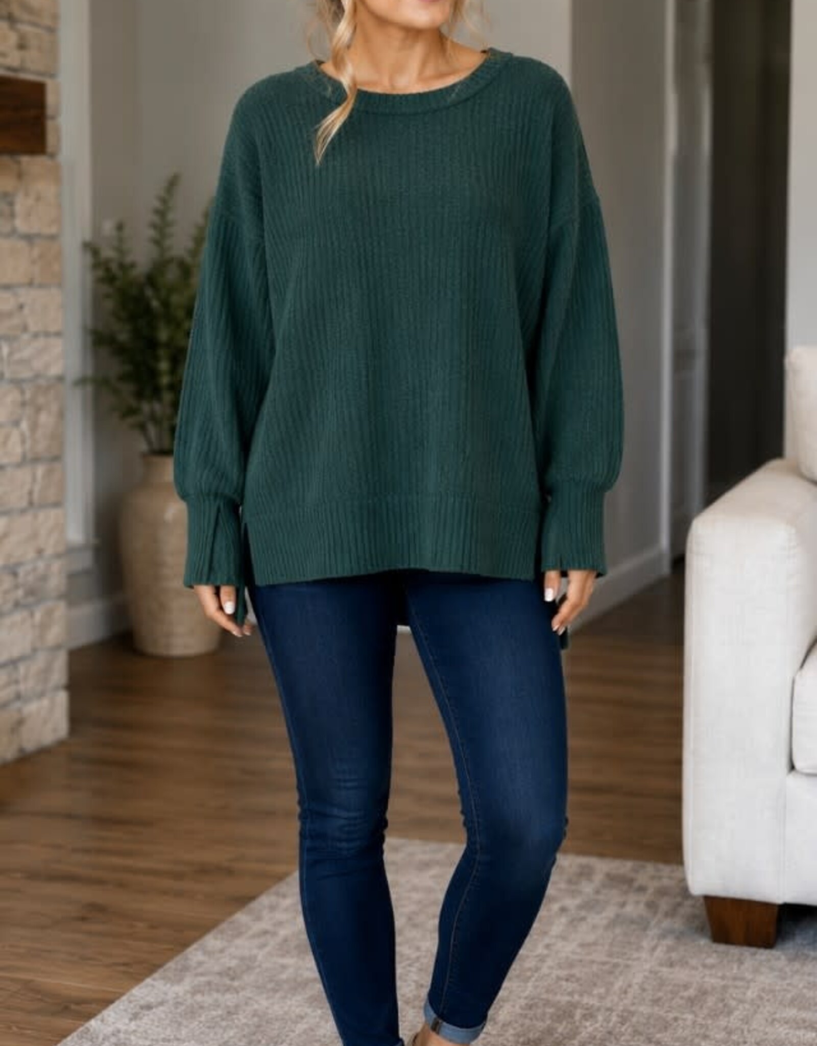 Miss Bliss CC Ribbed Knit LS Pullover Top- Ranger Green