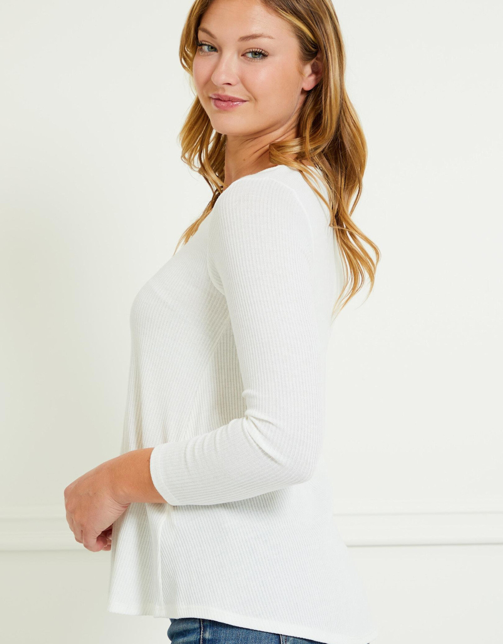 Miss Bliss CC Slightly Fitted Ribbed White LS Top - Ivory