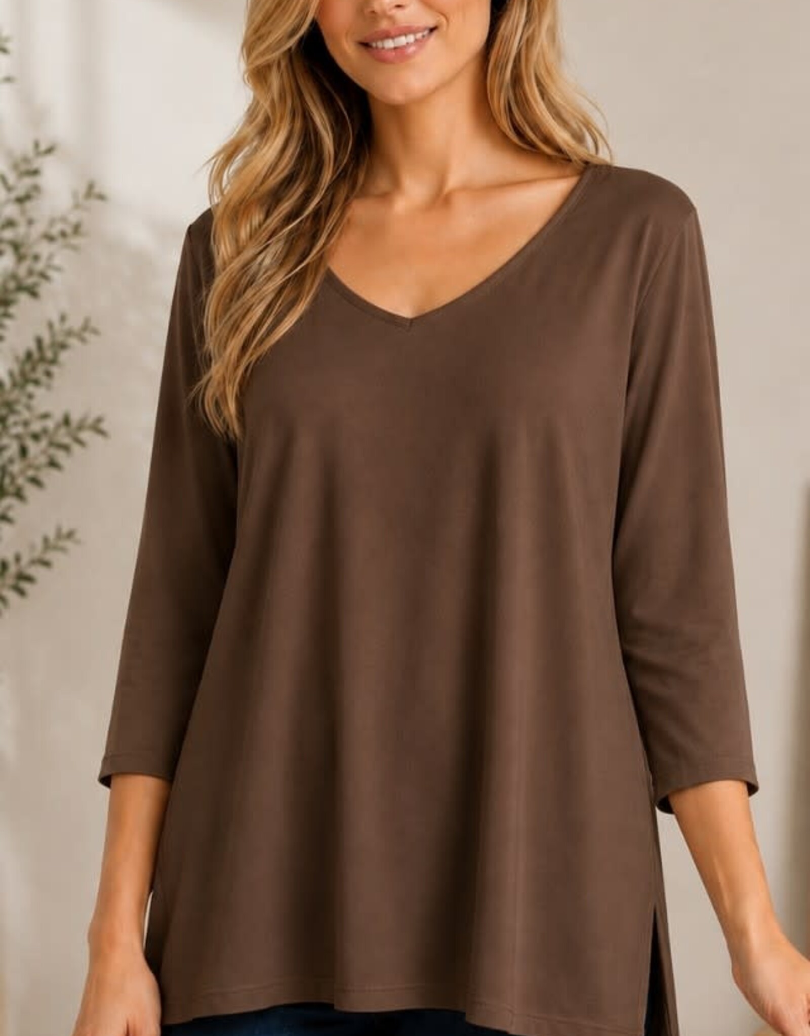 Miss Bliss CC Solid Knit 3/4 Sleeve Top - Brown
