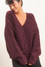 Miss Bliss HYFVE Cable Knit V-Neck Sweater-Dark Cherry