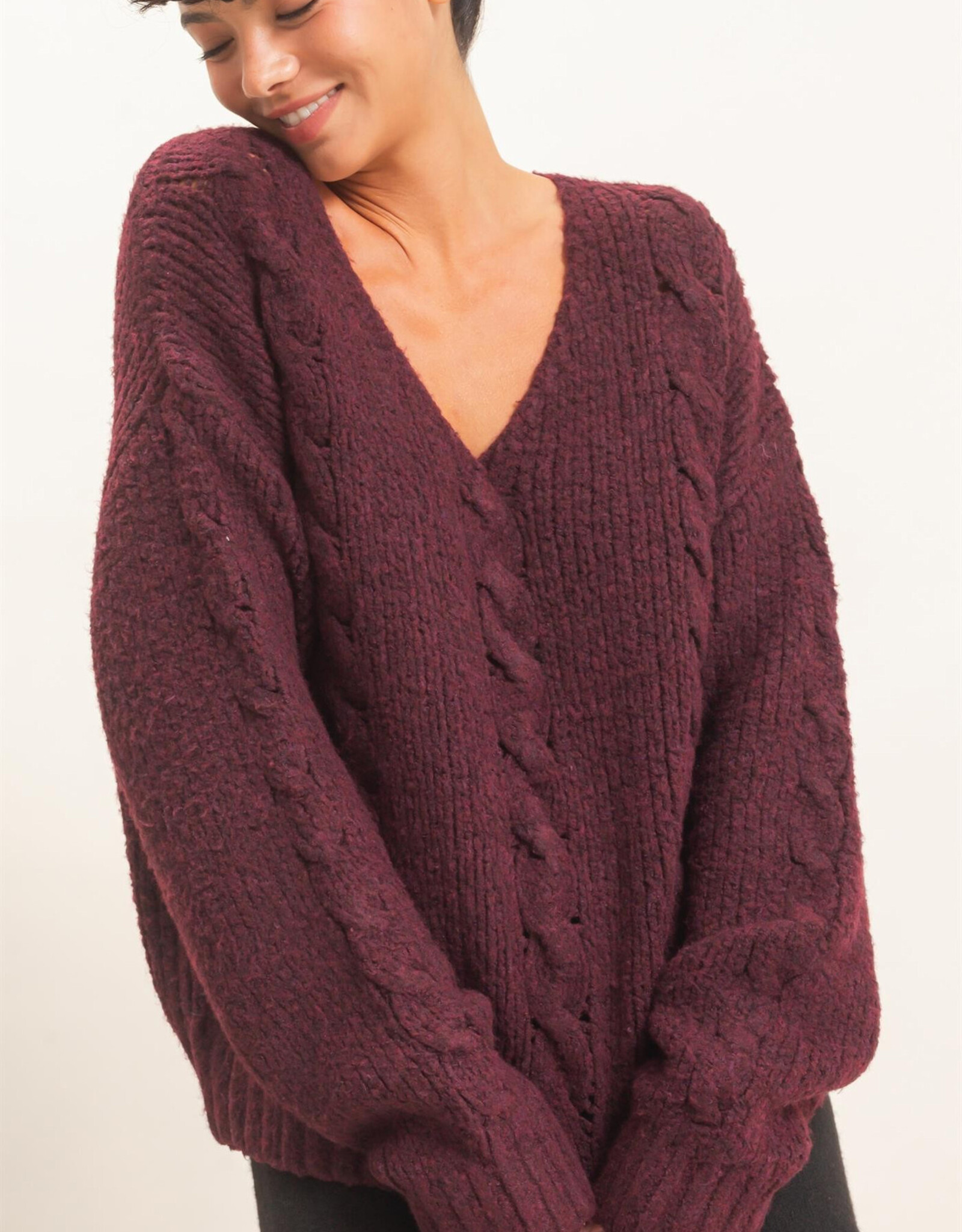 Miss Bliss HYFVE Cable Knit V-Neck Sweater-Dark Cherry