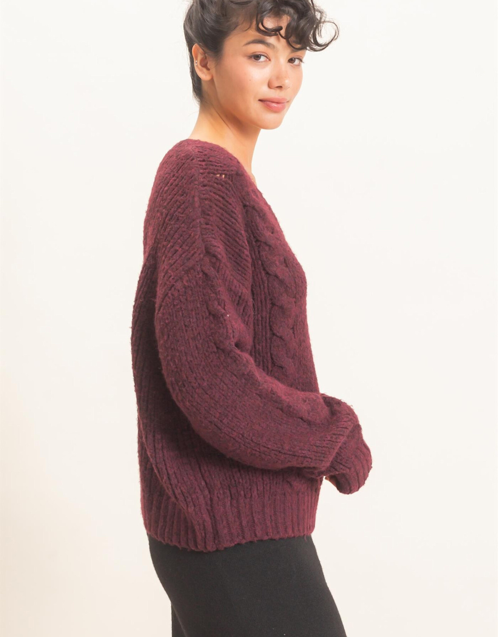 Miss Bliss HYFVE Cable Knit V-Neck Sweater-Dark Cherry