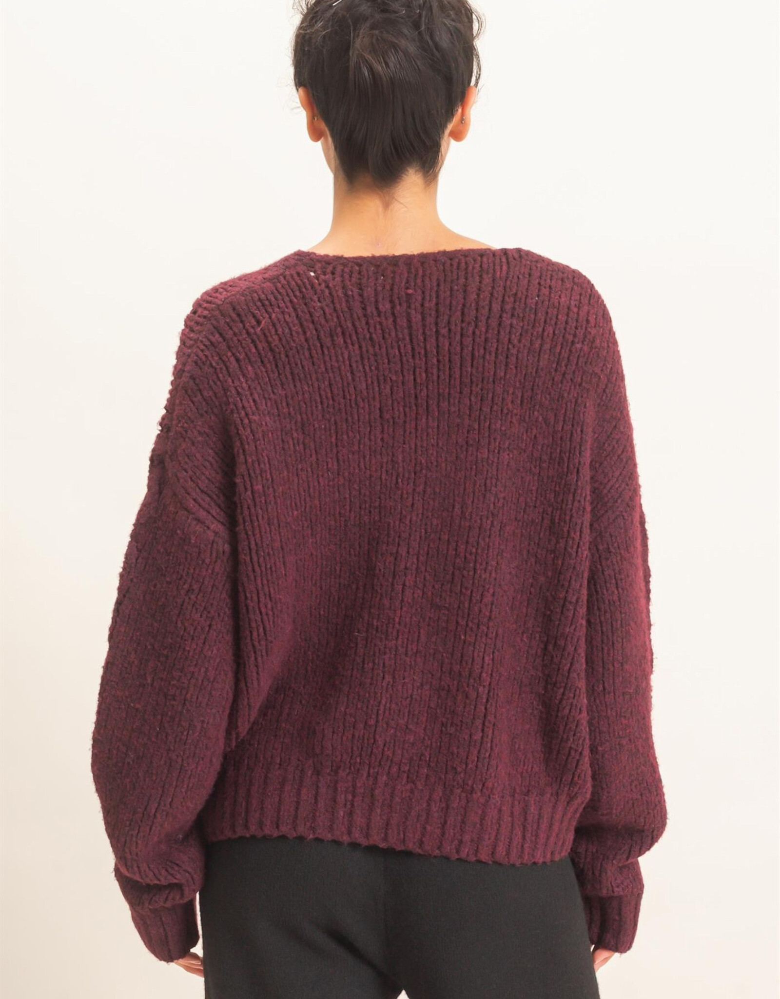 Miss Bliss HYFVE Cable Knit V-Neck Sweater-Dark Cherry