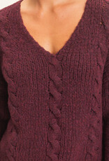Miss Bliss HYFVE Cable Knit V-Neck Sweater-Dark Cherry