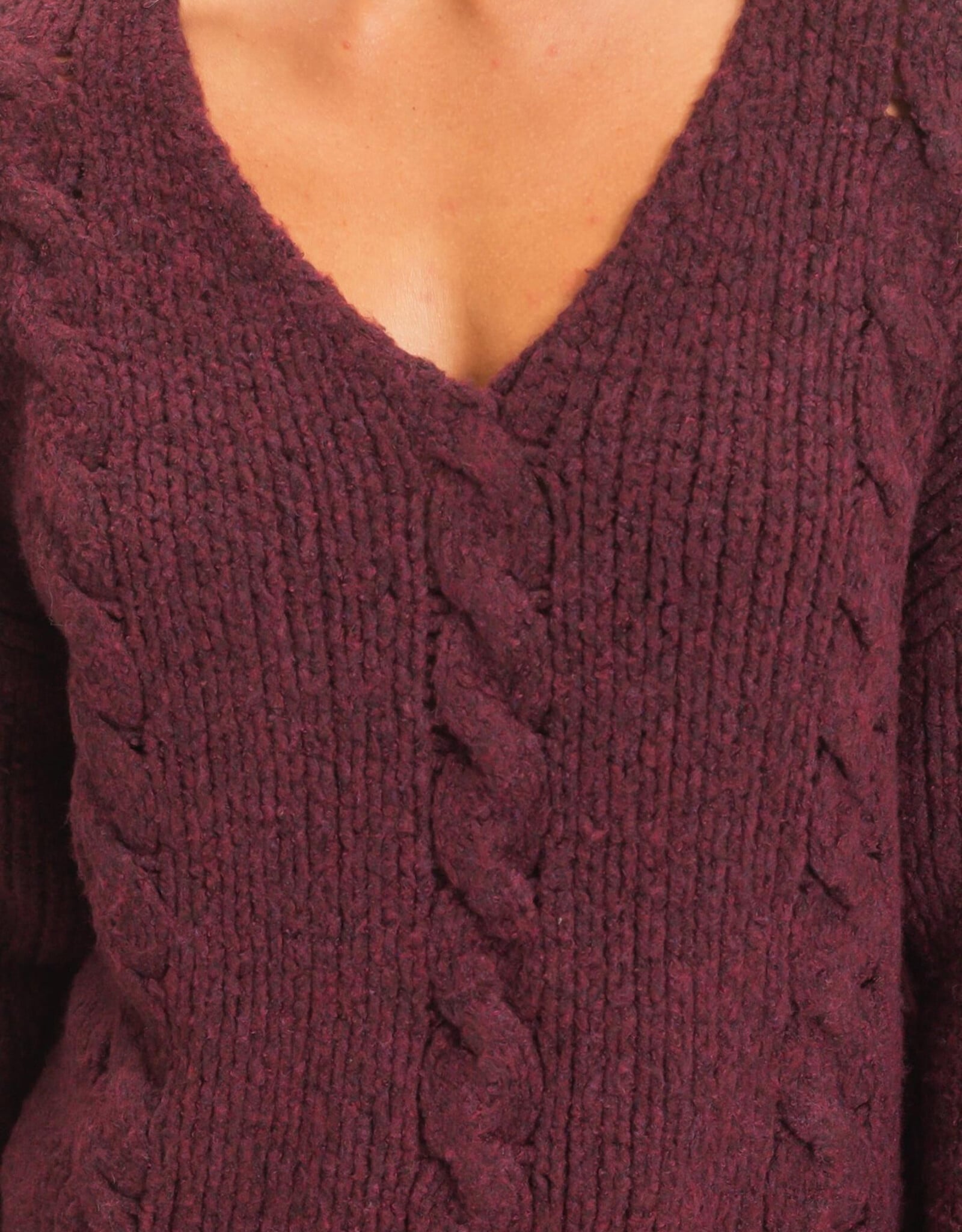 Miss Bliss HYFVE Cable Knit V-Neck Sweater-Dark Cherry