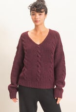 Miss Bliss HYFVE Cable Knit V-Neck Sweater-Dark Cherry