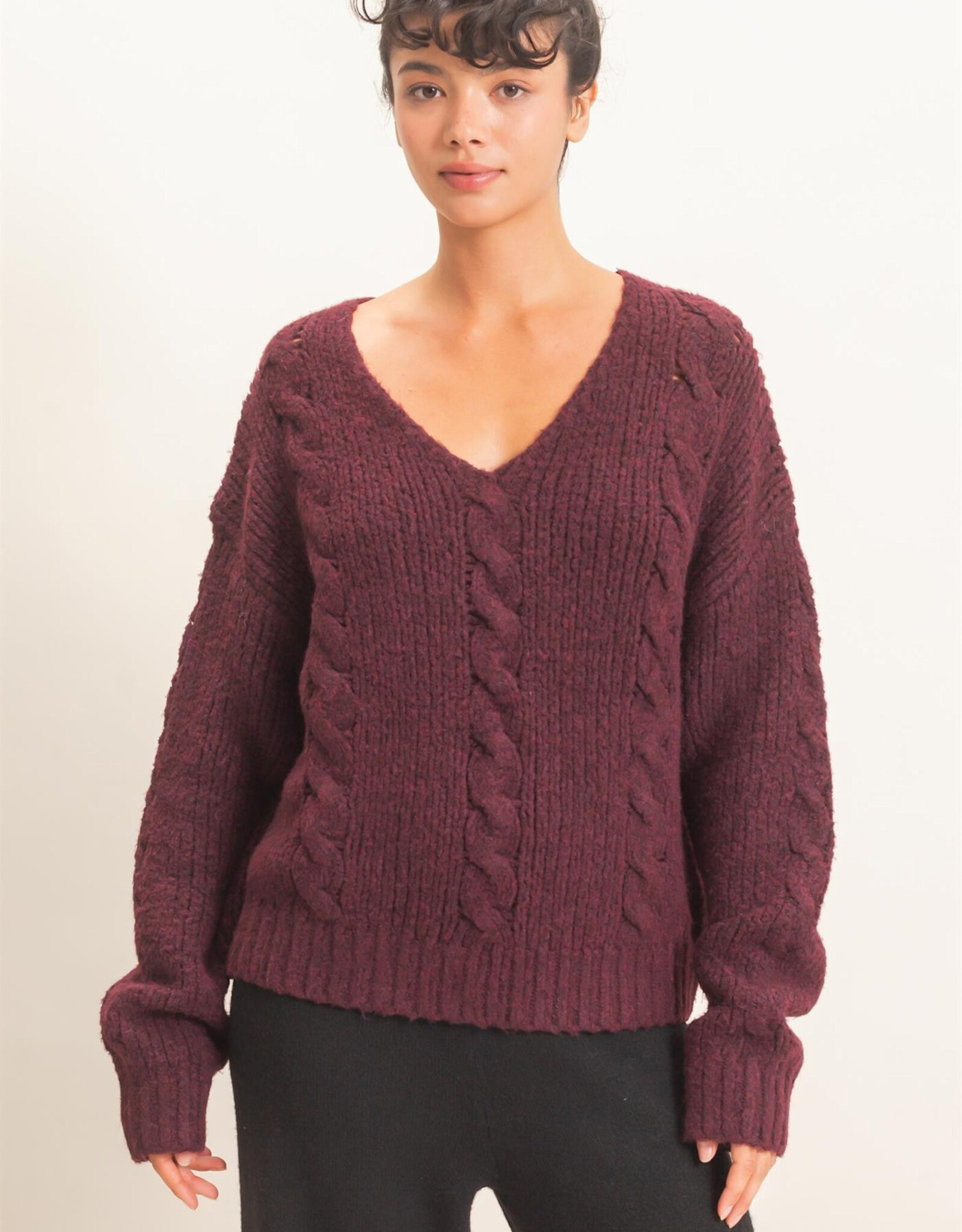 Miss Bliss HYFVE Cable Knit V-Neck Sweater-Dark Cherry