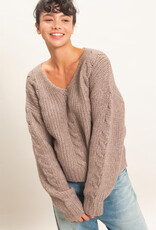 Miss Bliss HYFVE Cable Knit V-Neck Sweater-Dusty Brown