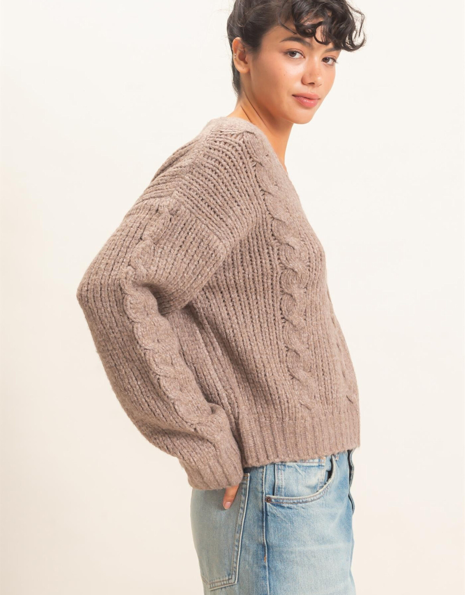 Miss Bliss HYFVE Cable Knit V-Neck Sweater-Dusty Brown