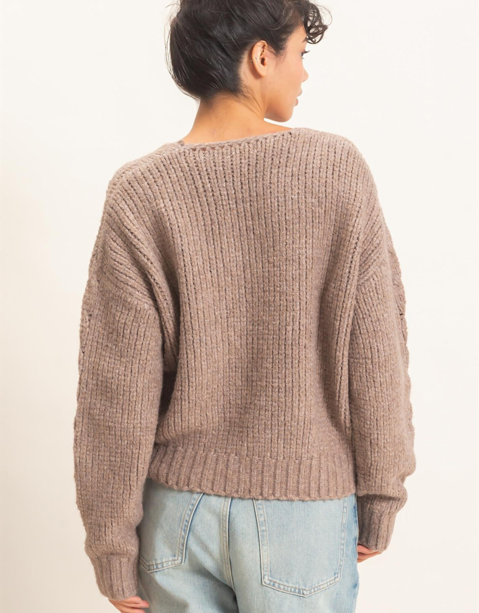 Miss Bliss HYFVE Cable Knit V-Neck Sweater-Dusty Brown