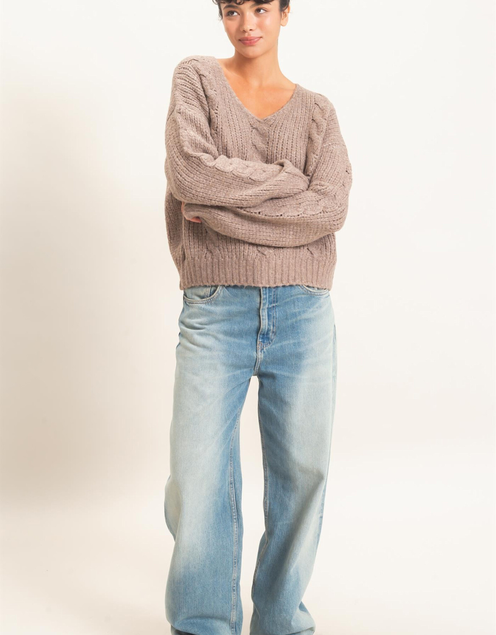 Miss Bliss HYFVE Cable Knit V-Neck Sweater-Dusty Brown