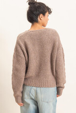 Miss Bliss HYFVE Cable Knit V-Neck Sweater-Dusty Brown