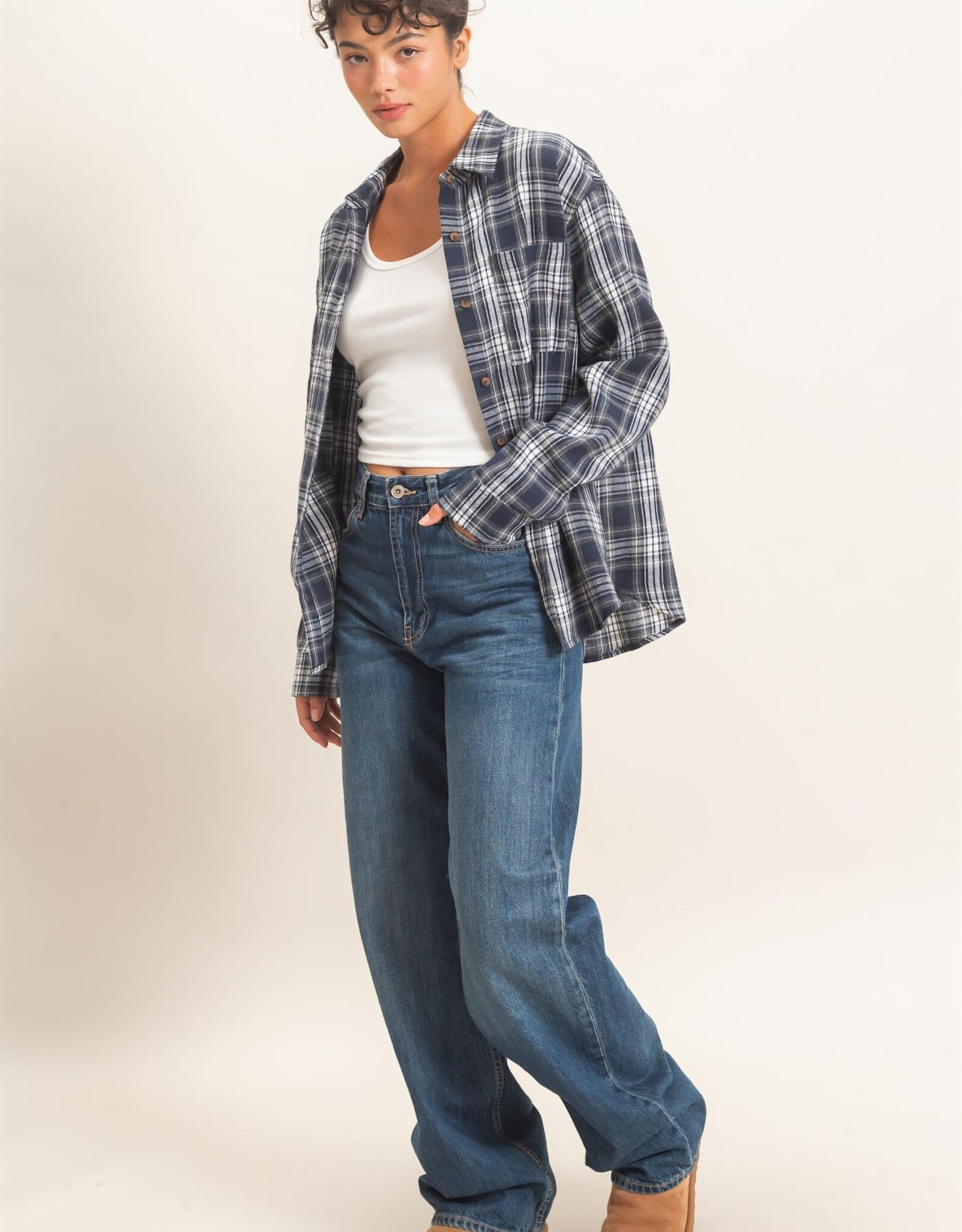 Miss Bliss HYFVE Plaid Long Sleeve Shirt-Navy