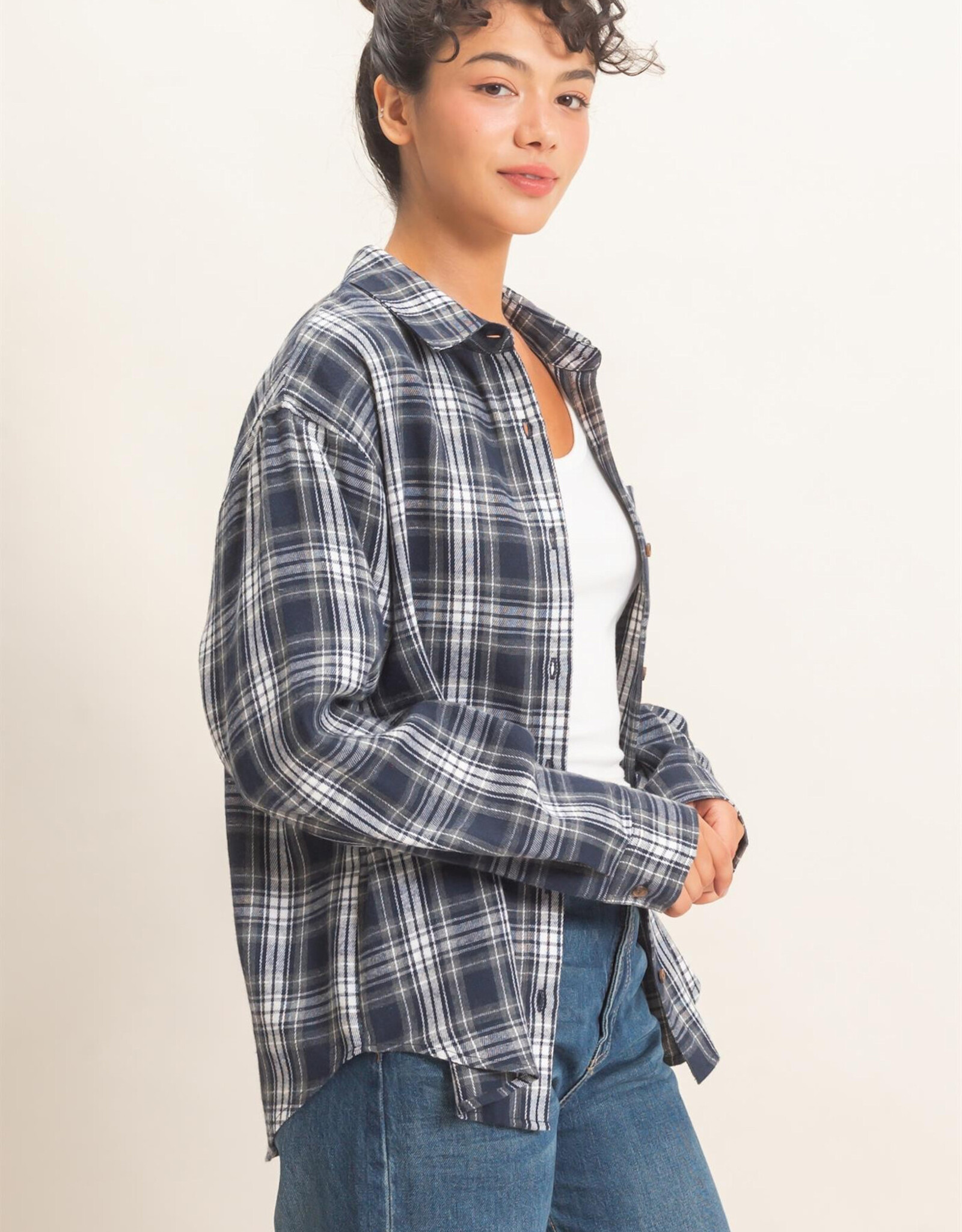 Miss Bliss HYFVE Plaid Long Sleeve Shirt-Navy