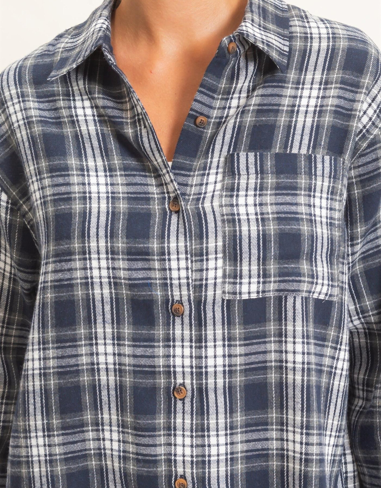 Miss Bliss HYFVE Plaid Long Sleeve Shirt-Navy