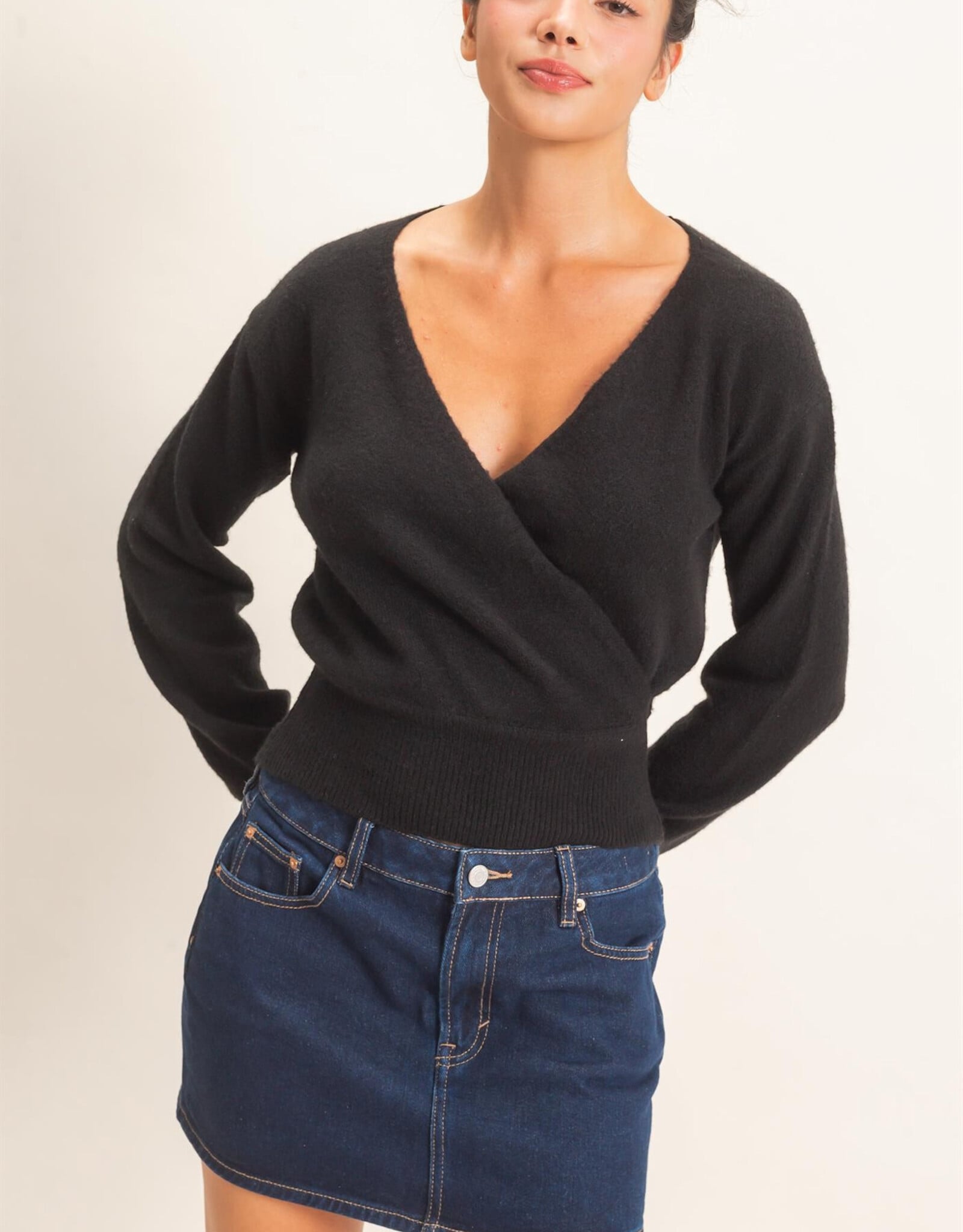 Miss Bliss HYFVE Wrap V Neck Sweater- Black