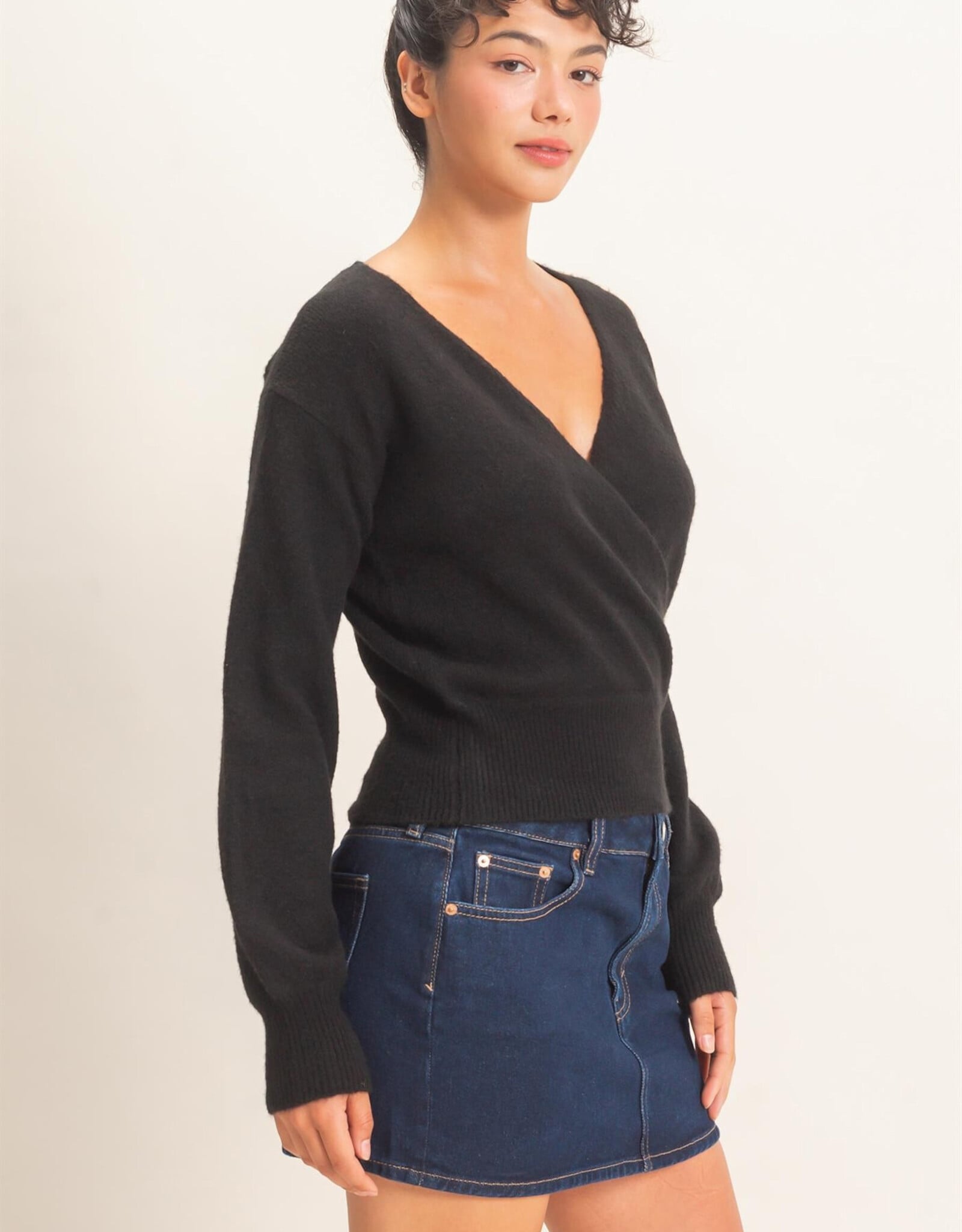 Miss Bliss HYFVE Wrap V Neck Sweater- Black