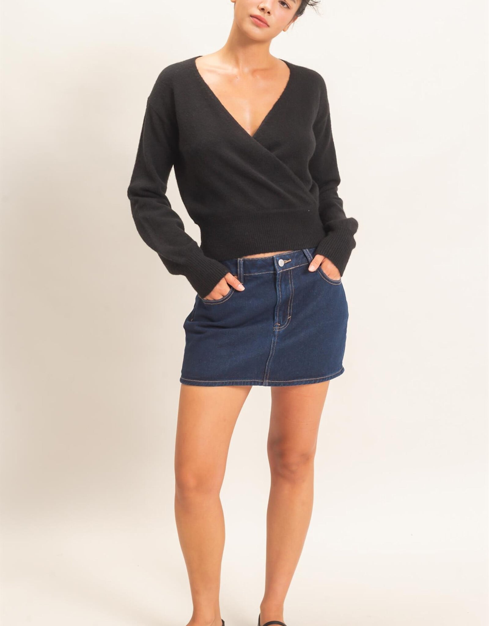 Miss Bliss HYFVE Wrap V Neck Sweater- Black