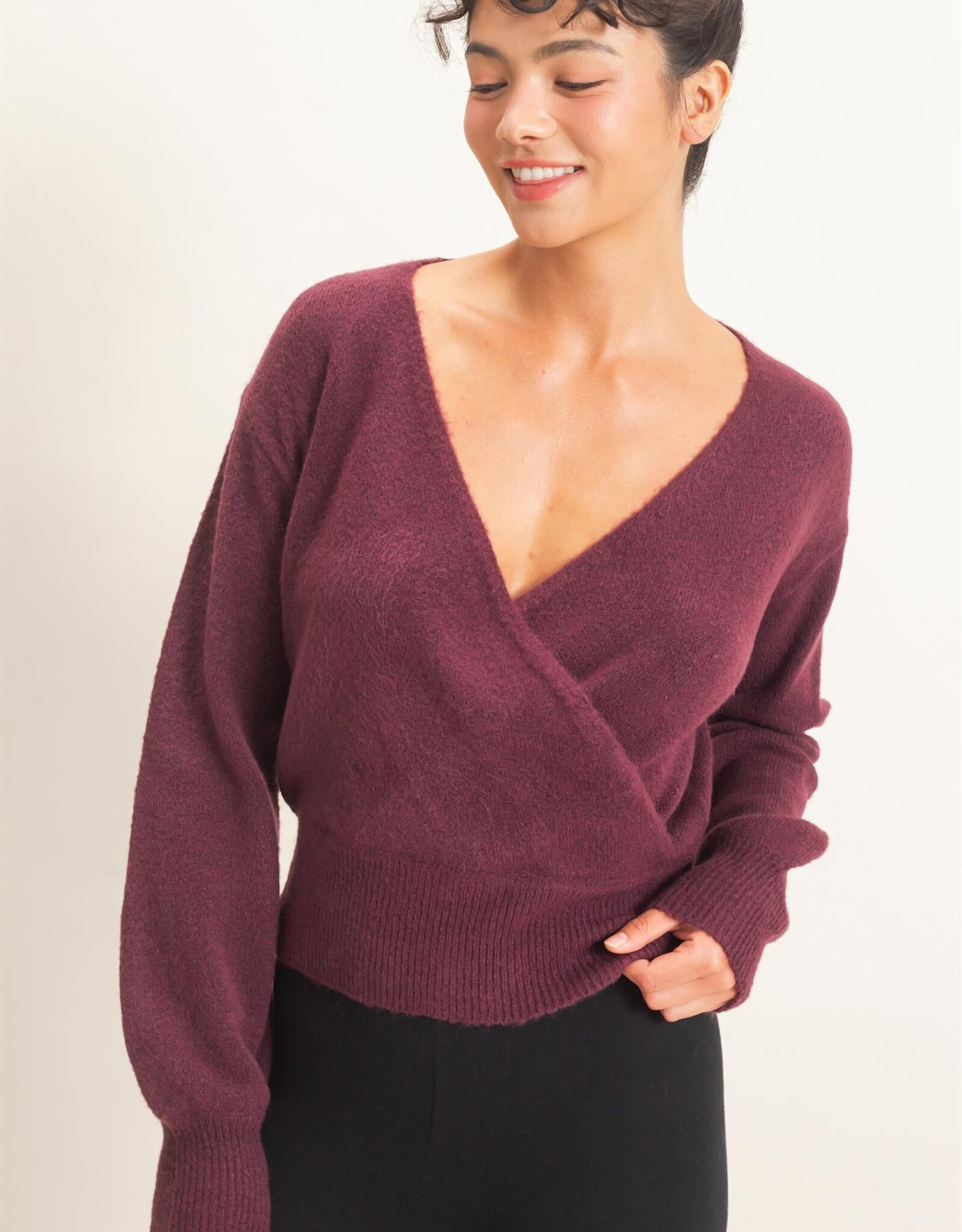 Miss Bliss HYFVE Wrap V Neck Sweater- Dark Cherry